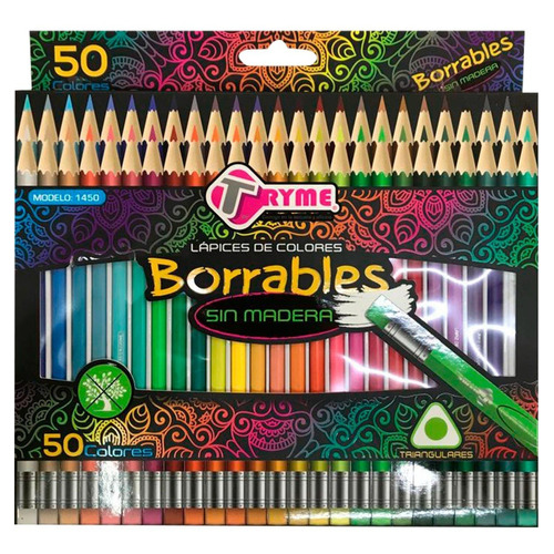 Lapices Colores Borrables Tryme Sin Madera Caja C/50 Piezas