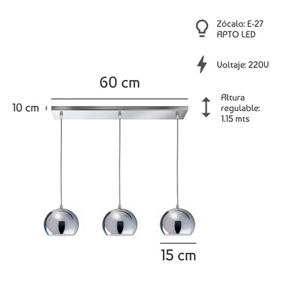 Colgante 3 Luces Cromo Deco Apto Led Moderno Luz Desing