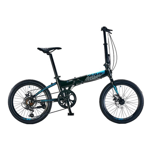 Bicicleta plegable Futura Origami  2022 R20 7v frenos de disco mecánico cambios Shimano Tourney color negro/celeste con pie de apoyo  