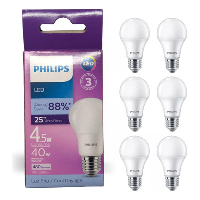 Paquete 6pz Foco Led Philips Luz Fria 4.5w (40w) 6500k