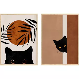 2 Quadros Moldura Gatos Estilizados Minimalista Decoração 