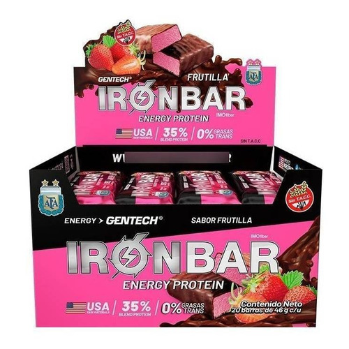 Suplemento en barra Gentech  Iron Bar proteína sabor frutilla en caja pack x 20 u