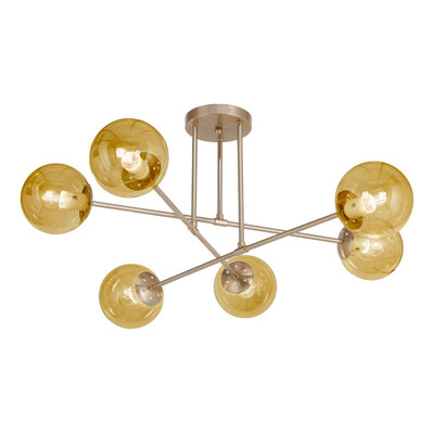 Plafon Luna Recto 6 Luces Dorado Ambar Apto Led E27 Plug