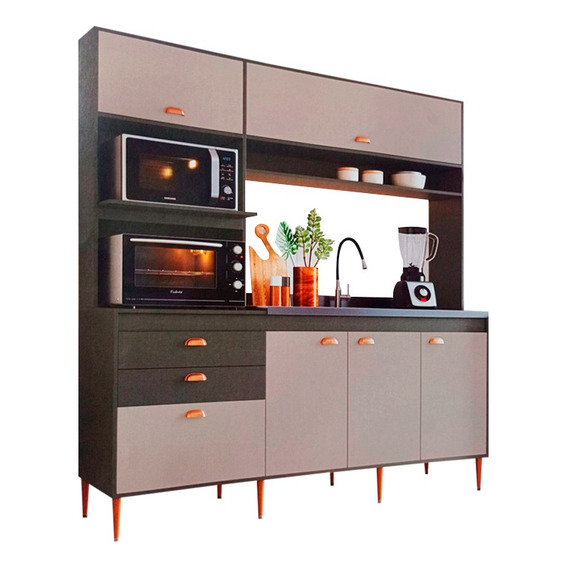 Mueble Kit Cocina Compacta Premium® +pileta Inox Latentación Color Grafito Y Cinnamon