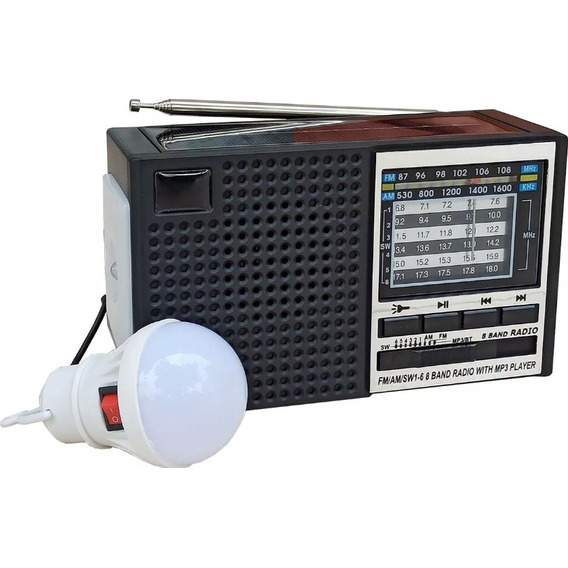 Radio Multibandas Recargable Linterna, Bombillo, Panel Solar