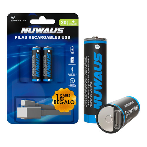 Nuwaus NUBAT002 pilas recargables con 2 pilas aa carga rapida tipo c