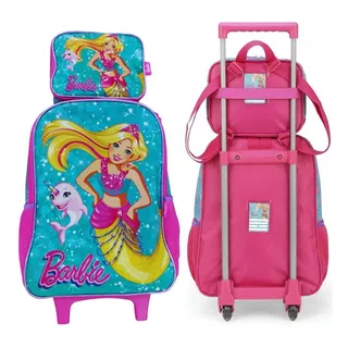 Kit Mochila E Lancheira Escolar Barbie Sereia Boto Rodinhas