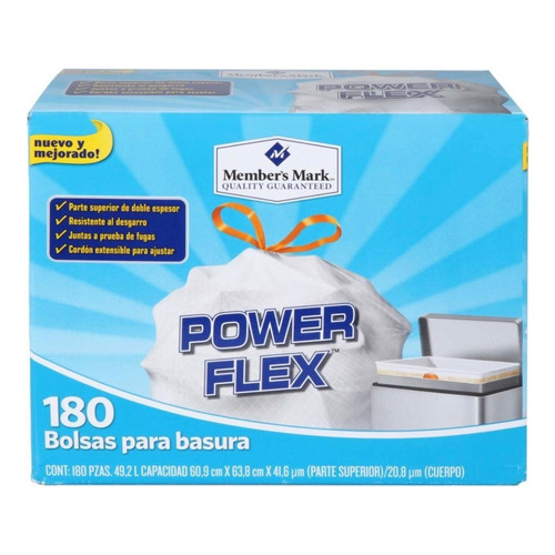Bolsas P/ Basura Power Flex, Member's Mark, 49.2l (180 Pzas) Color Blanco
