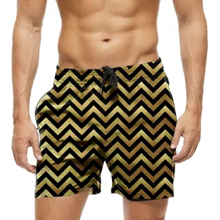 Short Praia Shorts Banho Verão Listras Zig Zag Dourado 1840