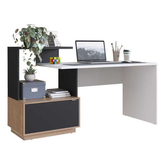 Escritorio Mesa De Pc De Oficina Dormitorio Con Estanteria Color Negro/Blanco/Castaño