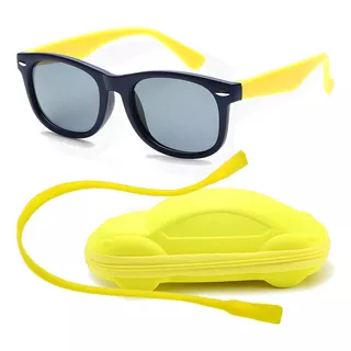 Óculos De Sol Flexível Infantil Case Cordão Marinho Amarelo