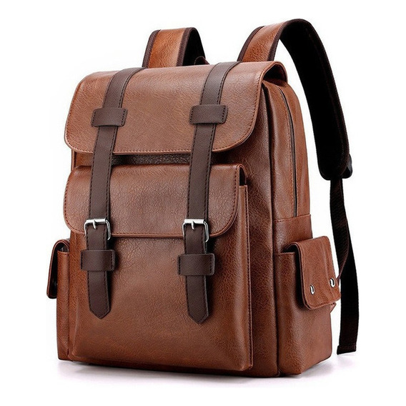 Mochila Bolso De Cuero Para Hombre Impermeable Y Antirrobo Color Marrón Claro