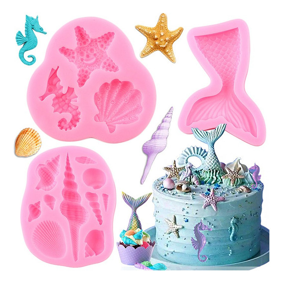 3pcs Molde De Silicona Cola De Sirena Concha Fondant Resina