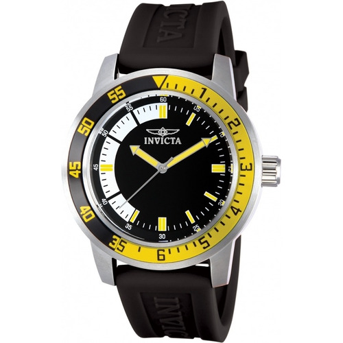 Reloj pulsera Invicta Specialty 12846 de cuerpo color plata, analógico, para hombre, fondo negro, con correa de silicona color negro, agujas color amarillo y plata, dial amarillo y gris, minutero/segundero blanco, bisel color negro y amarillo y hebilla simple