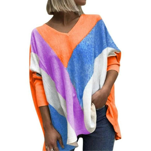 Camiseta De Rayas Oversize Para Mujer Con Cuello En V Y Bloq 