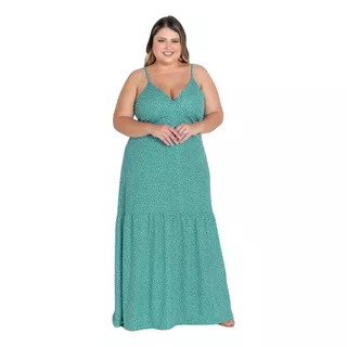 Vestido Longo De Alças Com Babado Plus Size Feminino