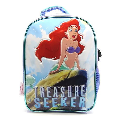 Mochila Escolar La Sirenita Disney Tesoro Color Celeste Diseño de la tela Liso