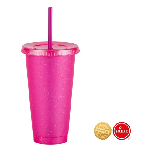 10 Vasos Reusables Con Popote Para Cafe Frio 24 Oz Color Rosa Glitter Translucido