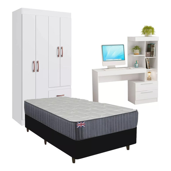 Combo Dormitorio Sommier 1 Plaza Ropero Escritorio Mesa Pc