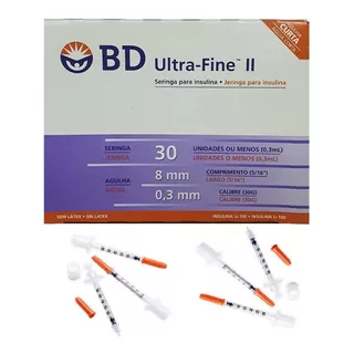 Bd Ultra Fine Jeringa De Insulina 0.3ml Aguja 30 G 8mm 100u