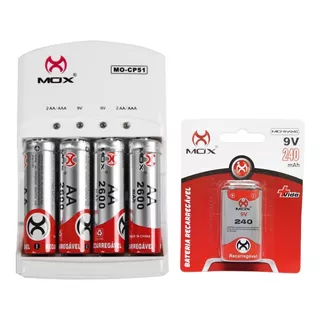 4 Pilhas Aa + 1 Bateria Recarregável 9v + Carregador Mox