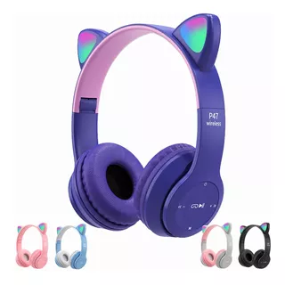 Audífonos Bluetooth 5.0 Luminoso Gato Diadema Para Niños Y Adultos, Gamer Audífonos Inalámbricos P47 Con Luz Led Plegable Carga Usb Violeta