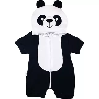 Roupa Bebê Macacão Curto Neutro Capuz Panda Zíper Algodão