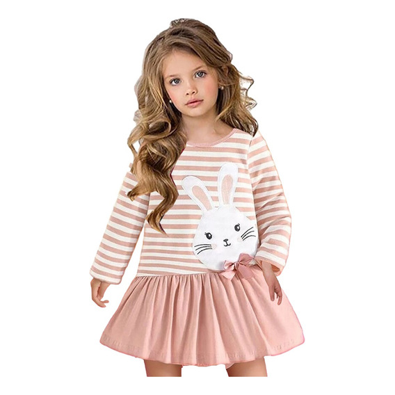 Vestido Bebés Con Estampado De Conejo Con Lazo Para 1-4y