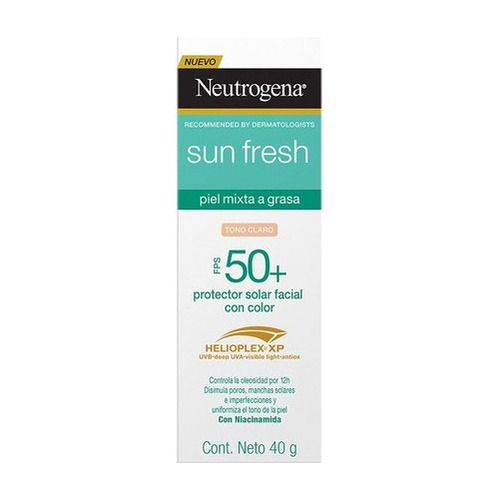 Protector solar facial tono claro Neutrogena sun fresh derm care niacinamida FPS 50+ 40g