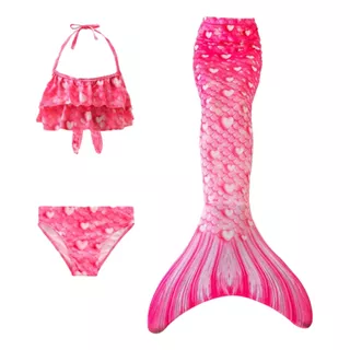 Traje De Baño Para Niñas Sirena Con Cola Rosado 3 Piezas