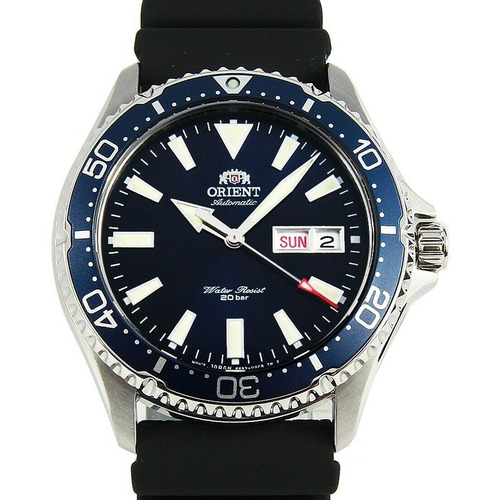 Reloj pulsera Orient RA-AA0006L19B de cuerpo color plateado, para hombre, fondo azul color, bisel color azul