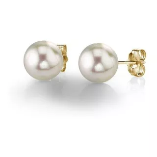 Aretes De Oro Sólido 14k Con Perla Natural Blanca Boton