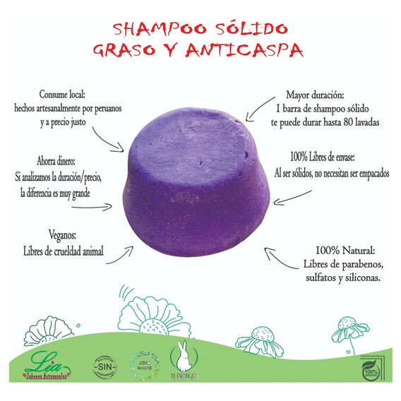 Shampoo Sólido Para Cabello Graso, 100% Natural