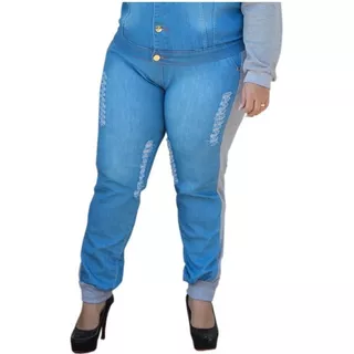 Calça Jeans C Lycra Plus Size Feminina  Detalhes Em Moletom