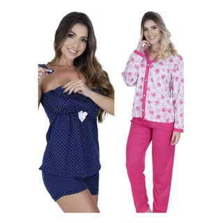 Kit 1 Pijama Longo Botão 1 Baby Dool Amamentar 2 Sutiã Bojo