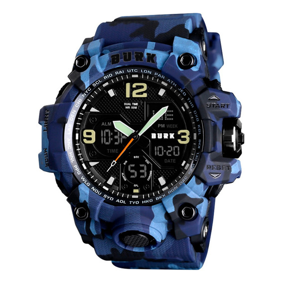 Reloj Camuflaje Militar Burk 1155 Cronometro Luz Alarma! Color de la malla Camuflado azul