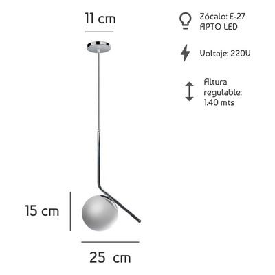 Colgante 1 Luz Ballon Acero Y Vidrio Opal Apto Led E27 Deco