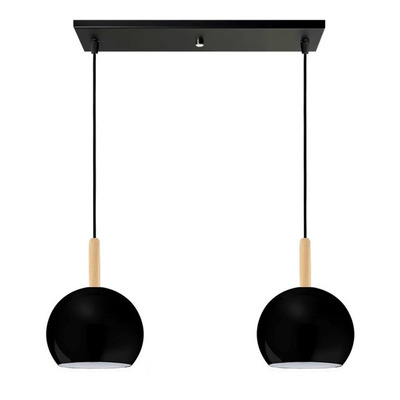 Colgante 2 Luces Bocha 15cm Negra Con Madera Apto Led E-27 