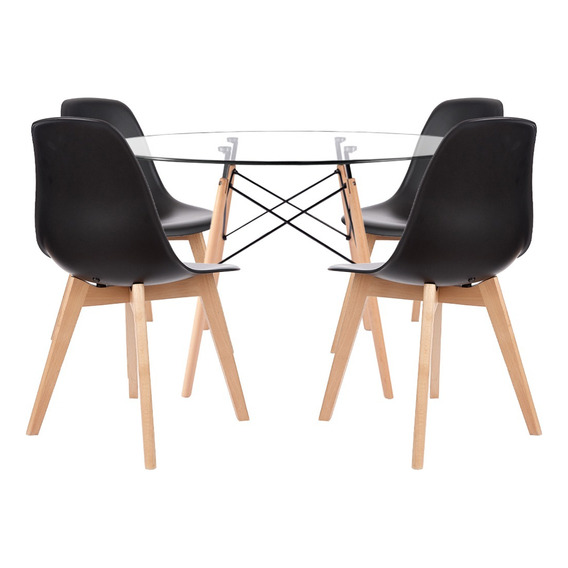 Juego Comedor Mesa Eames Vidrio Redonda 120cm + 4 Magnolia Color Negro