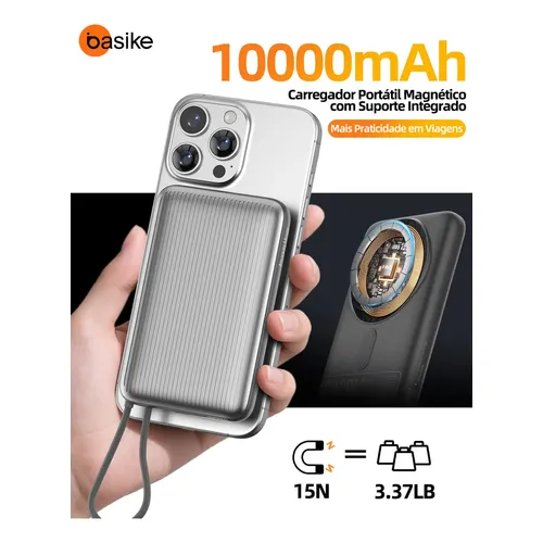 Carregador Portátil 10000mAh Basike 22.5W Power Bank Magnético Por