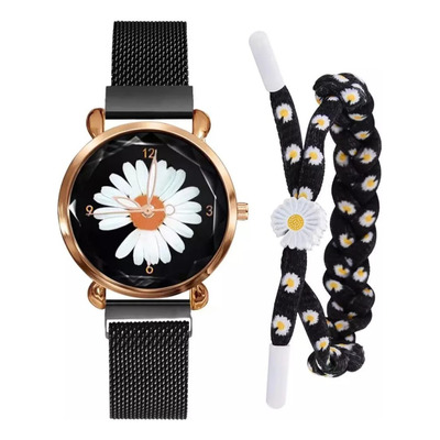 Reloj + Pulsera De Margarita Para Dama En Rosa O Negro.