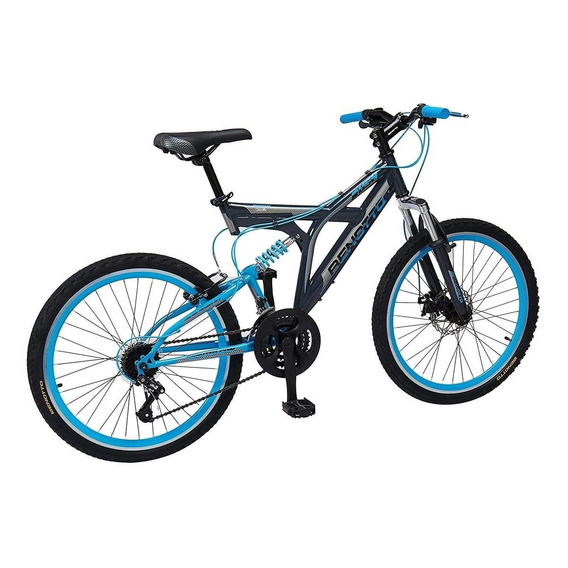 Mountain bike masculina Benotto Montaña Rush R24 Único 21v freno v-brakes cambios Sunrace color gris oscuro/azul con pie de apoyo