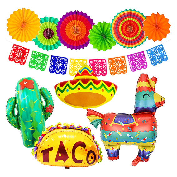 Globos Fiesta Mexicana Carnaval Tacos Cactus Abanico Papel