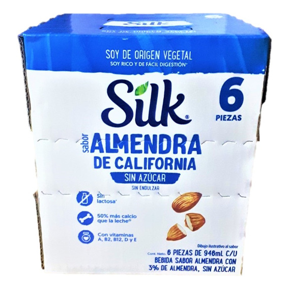 Silk Almendra De California Sin Azúcar 6 Pzas 946ml C/u