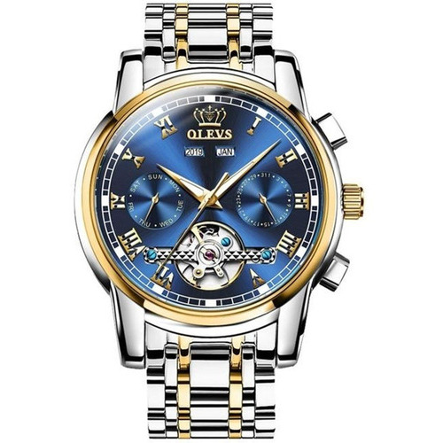 Reloj automático Olevs para hombre, caja suiza, correa plateada y azul, color plateado y dorado, bisel dorado