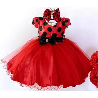 Vestido Festa Infantil Minnie Vermelha Joaninha E Tiara