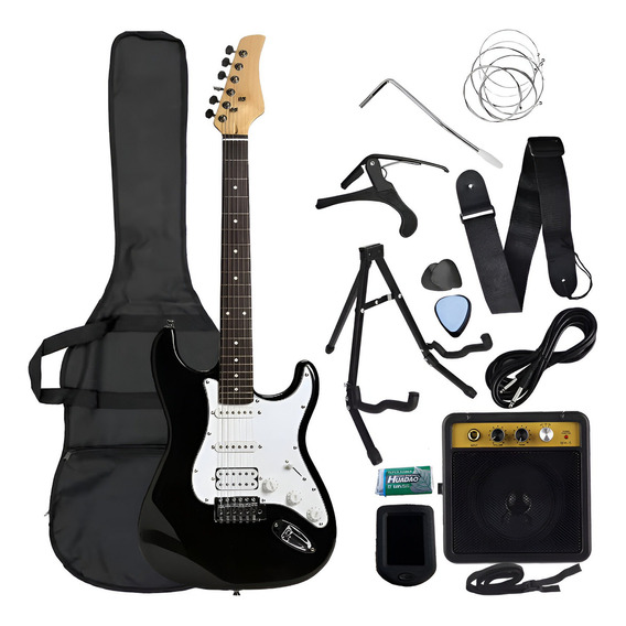 Guitarra Electrica Stratocaster Amplificador Negra Blanca Color Negro Material Del Diapasón Maple Orientación De La Mano Diestro