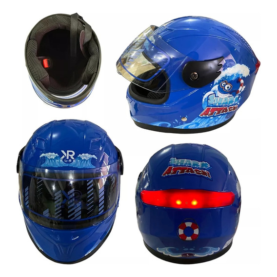 Casco Infantil Azul Cerrado Con Luz Shark Attack Brillante