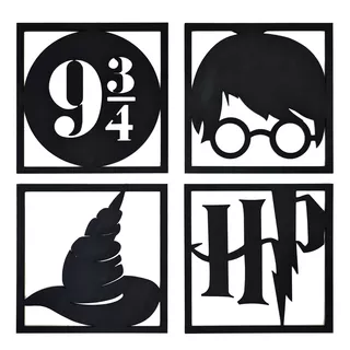 Kit 4 Quadros Decorativos Harry Potter Mdf 20x20 Preto