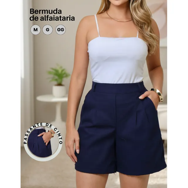 Shorts Feminino Linho Cintura Alta Alfaiataria Social Liso
